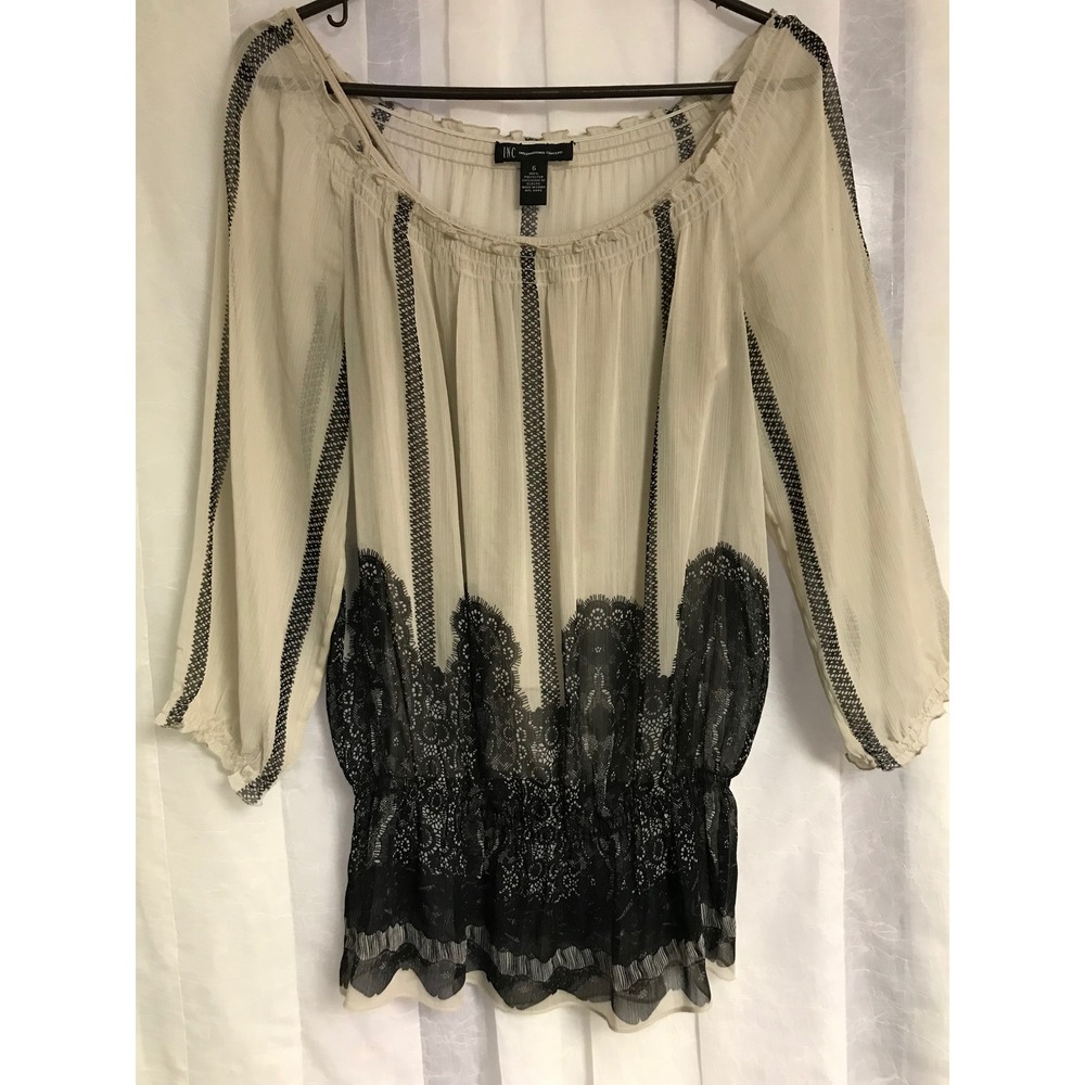 INC International Concepts Cream Black Lace Print Smocked Blouse Size 6 Camisole